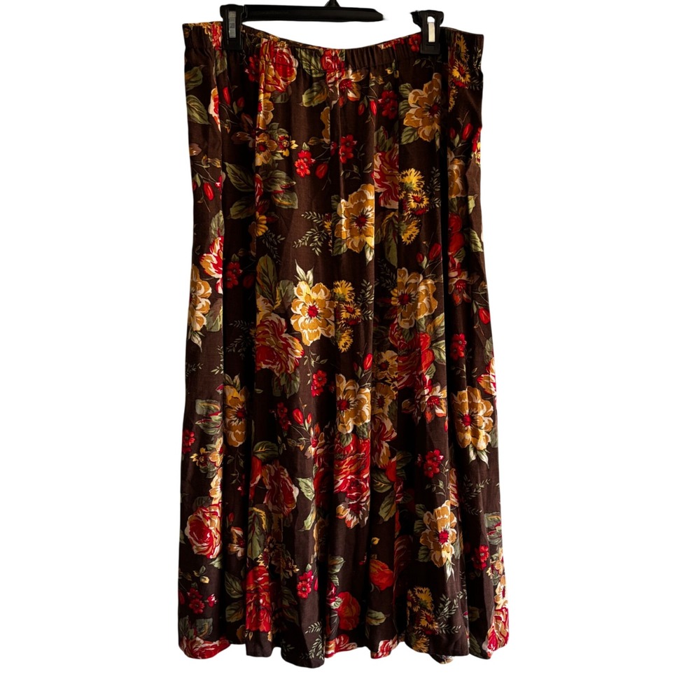 Womens Floral Midi Skirt Brown 1X 16W Elastic Waist Fall Autumn Cottagecore Boo